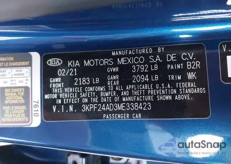 2021 Kia Forte Lxs from USA, damaged, VIN 3KPF24AD3ME338423